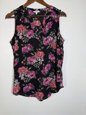 Maurices Black Sleeveless Floral V-Neck Top with Pink & Coral